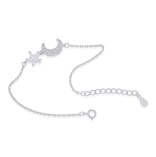 Celestial Harmony Bracelet – Sterling Silver Crescent Moon & Star CZ Bracelet