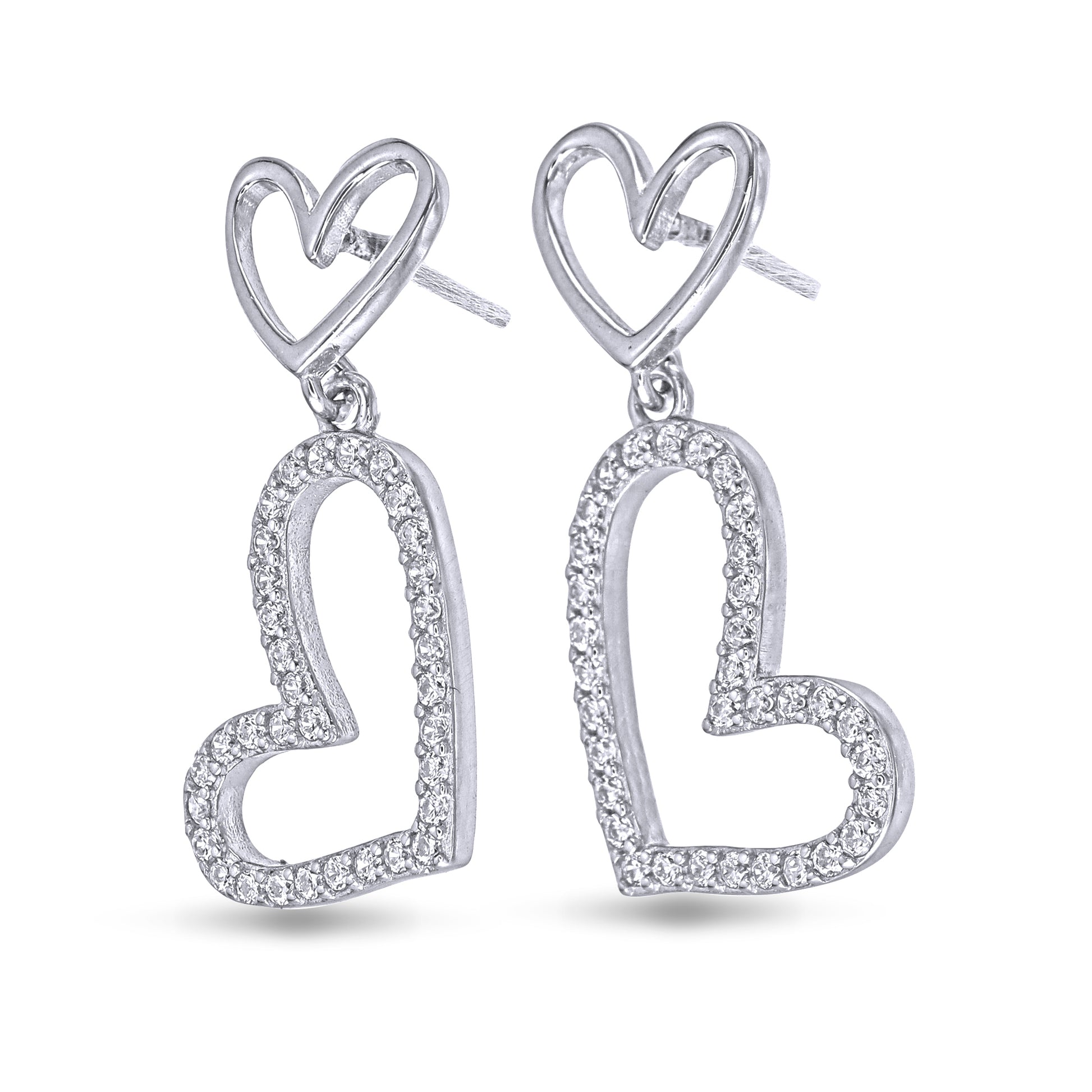 Heart-shaped silver earrings with clear stones on a white background