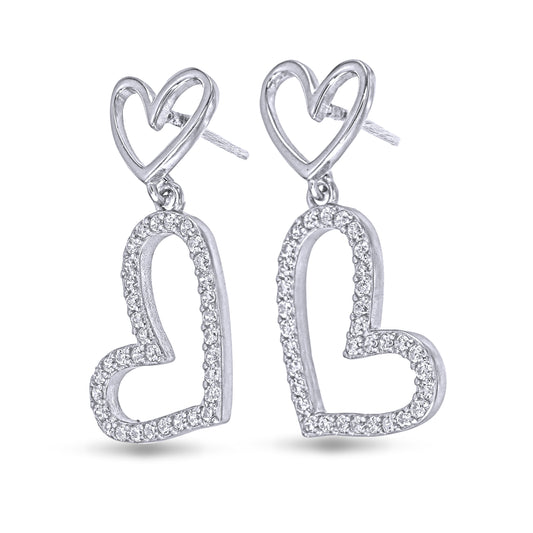 Heart-shaped silver earrings with clear stones on a white background
