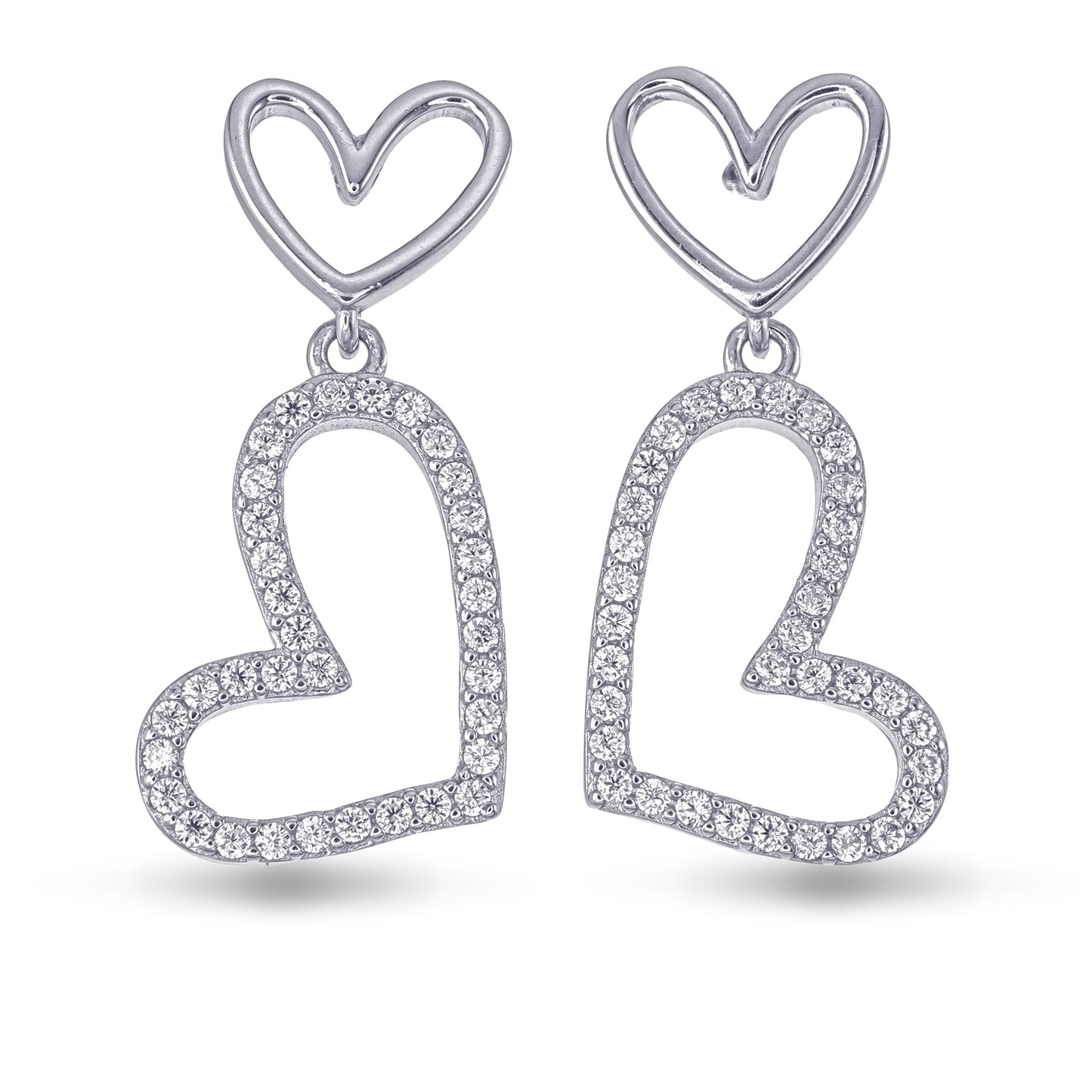 Heart-shaped earrings with clear stones on a white background