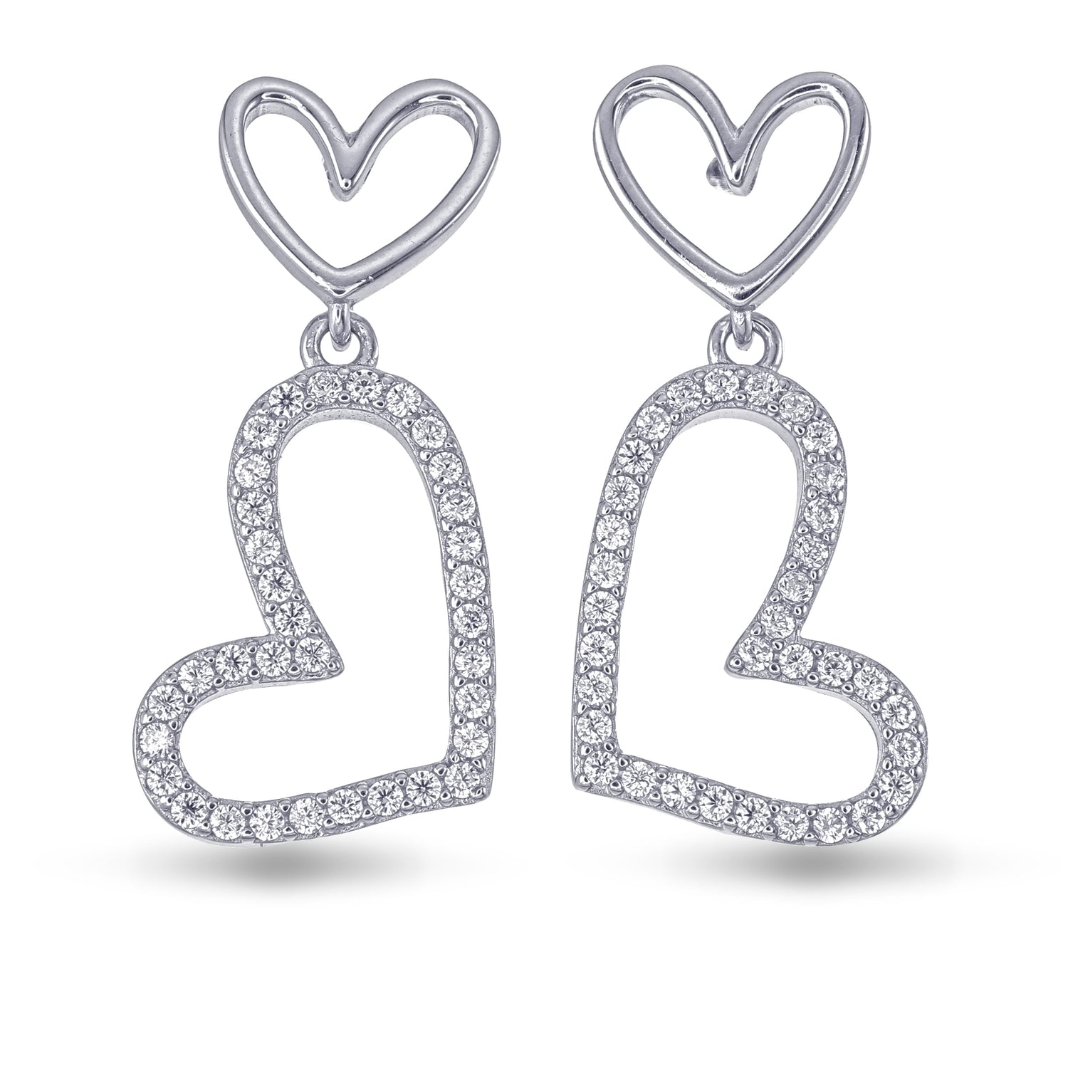 Heart-shaped earrings with clear stones on a white background