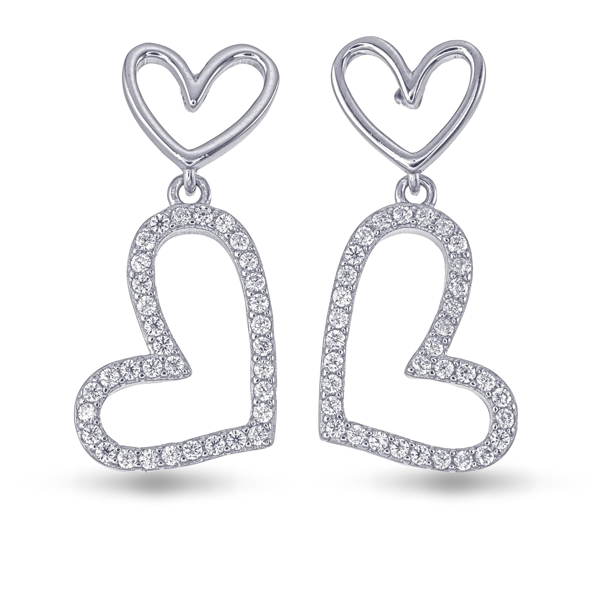 Heart-shaped earrings with clear stones on a white background