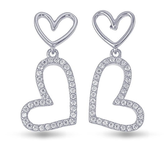Heart-shaped earrings with clear stones on a white background