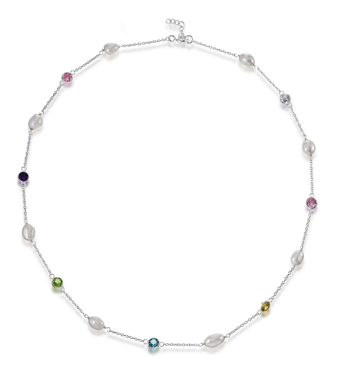 Pearls by the Rainbow - Sterling Silver Freshwater Pearl & Multicolor CZ Gemstone Necklace