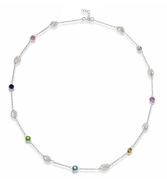 Pearls by the Rainbow - Sterling Silver Freshwater Pearl & Multicolor CZ Gemstone Necklace