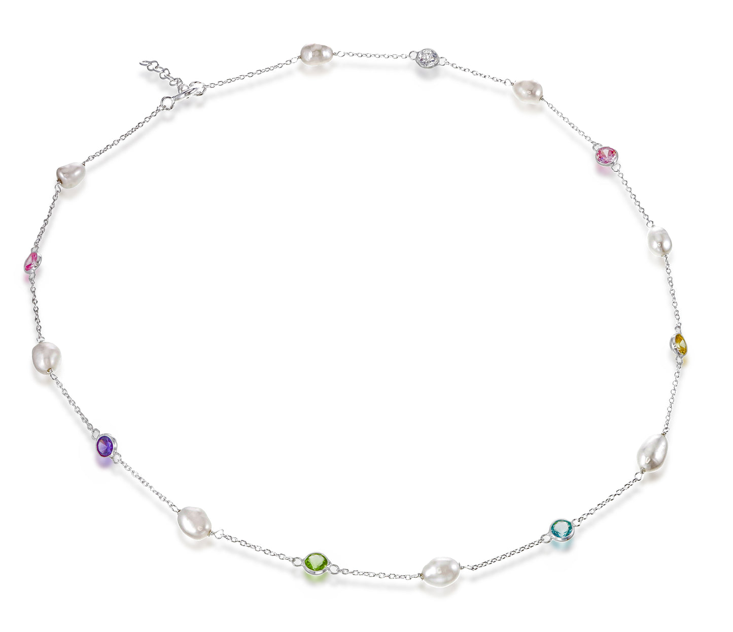 Pearls by the Rainbow - Sterling Silver Freshwater Pearl & Multicolor CZ Gemstone Necklace