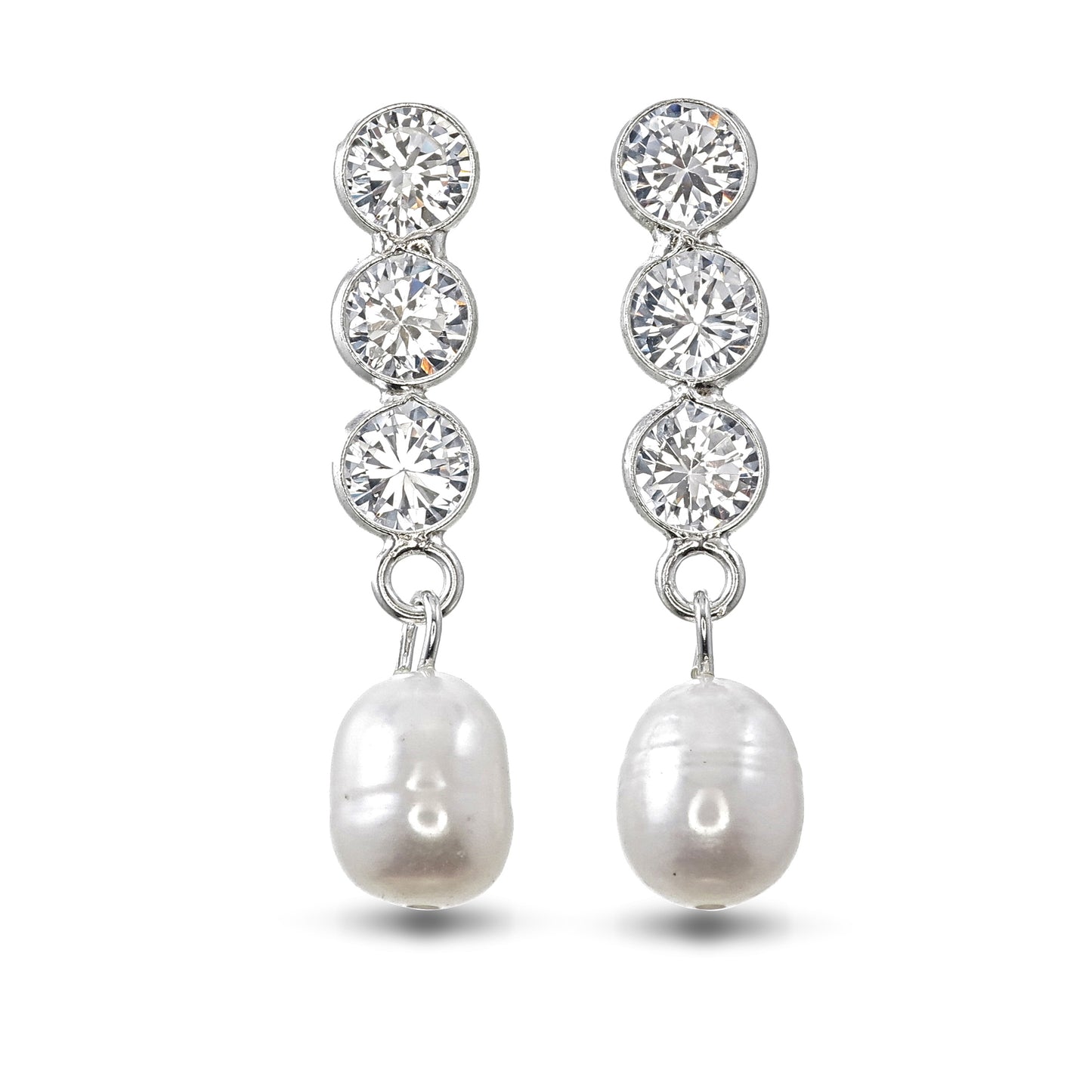Trinity of Light Pearl Drop Earrings - 925 Sterling Silver CZ Earrings