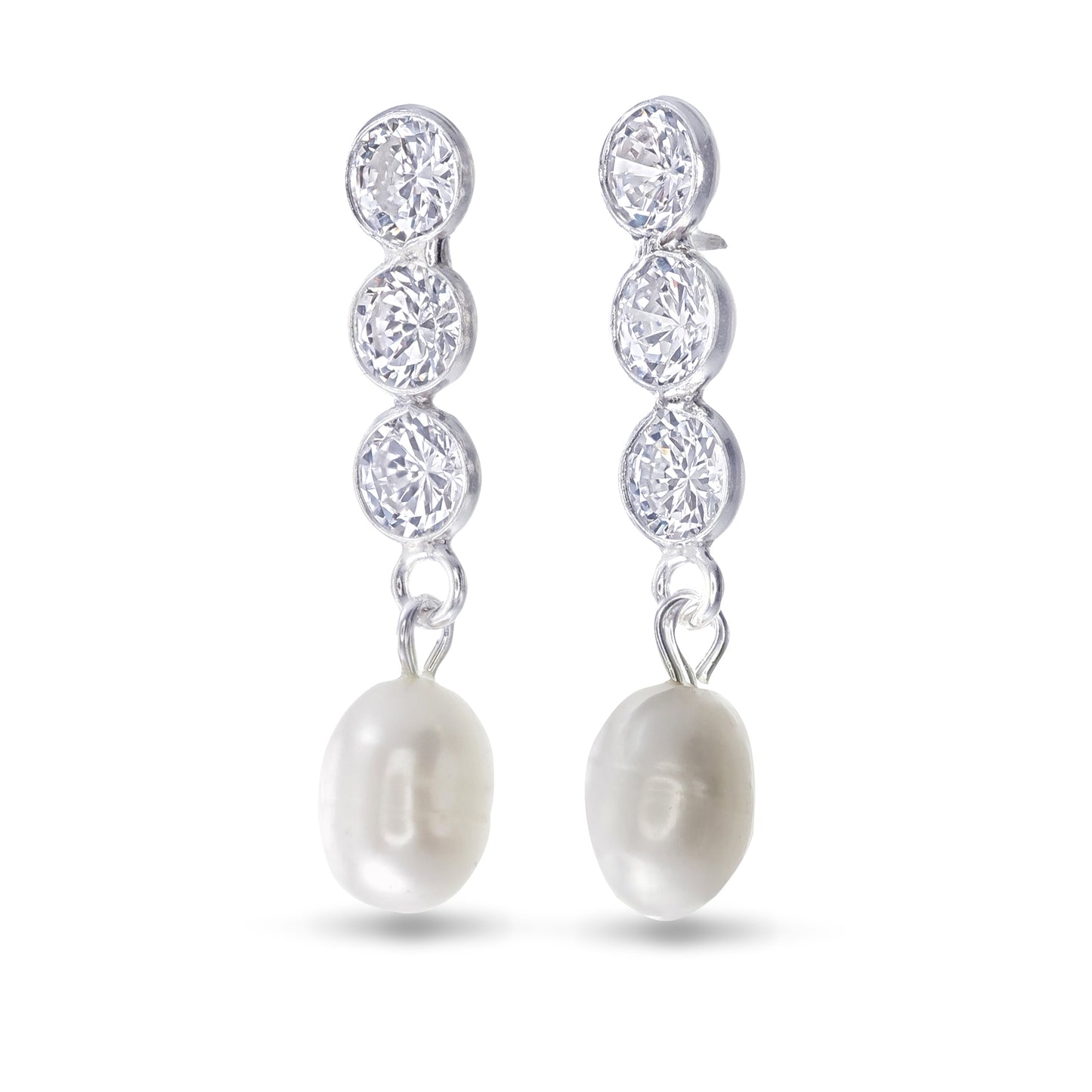 Trinity of Light Pearl Drop Earrings - 925 Sterling Silver CZ Earrings