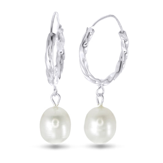 Pearls of Grace Earrings – 925 Sterling Silver Oval Freshwater Pearl Hoop Drop Earrings