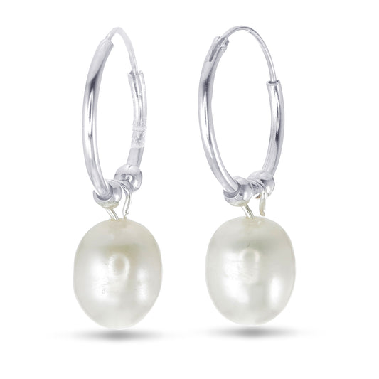 Whispers of Pearl Hoops - 925 Sterling Silver Freshwater Pearl Drop Hoop Earrings