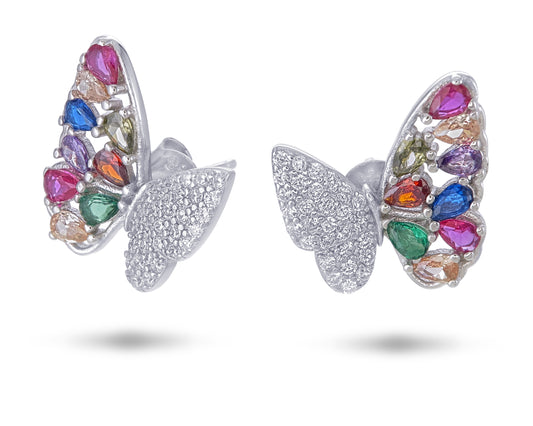 Garden of Dreams - Multi Gemstone Butterfly Stud Earrings - Sterling Silver