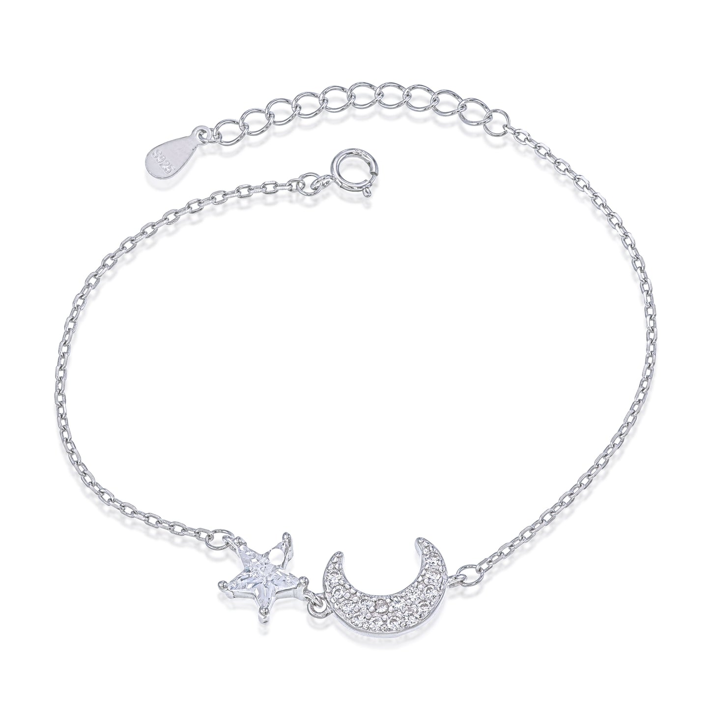 Celestial Harmony Bracelet – Sterling Silver Crescent Moon & Star CZ Bracelet