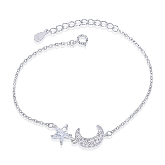 Celestial Harmony Bracelet – Sterling Silver Crescent Moon & Star CZ Bracelet