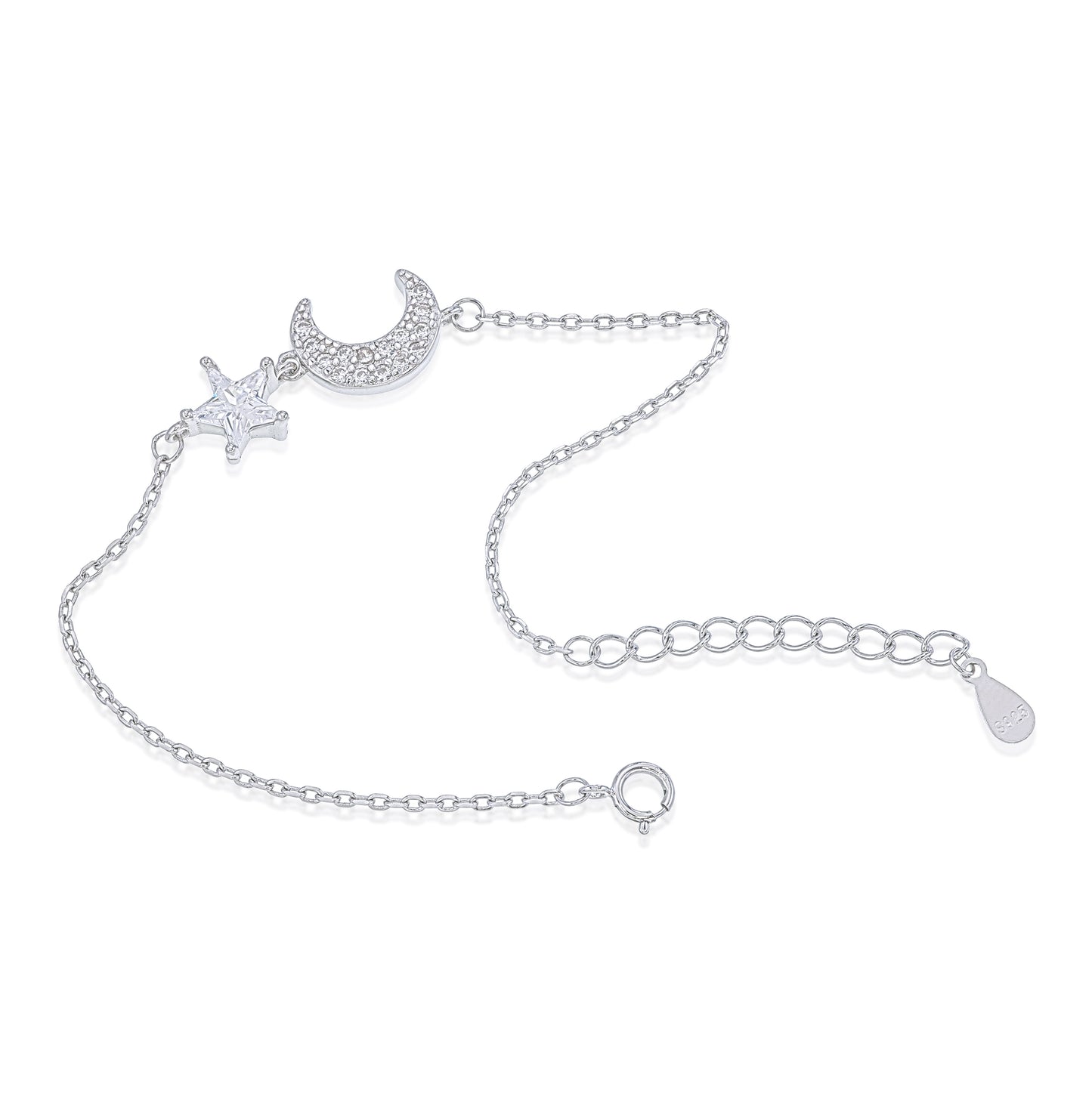 Celestial Harmony Bracelet – Sterling Silver Crescent Moon & Star CZ Bracelet