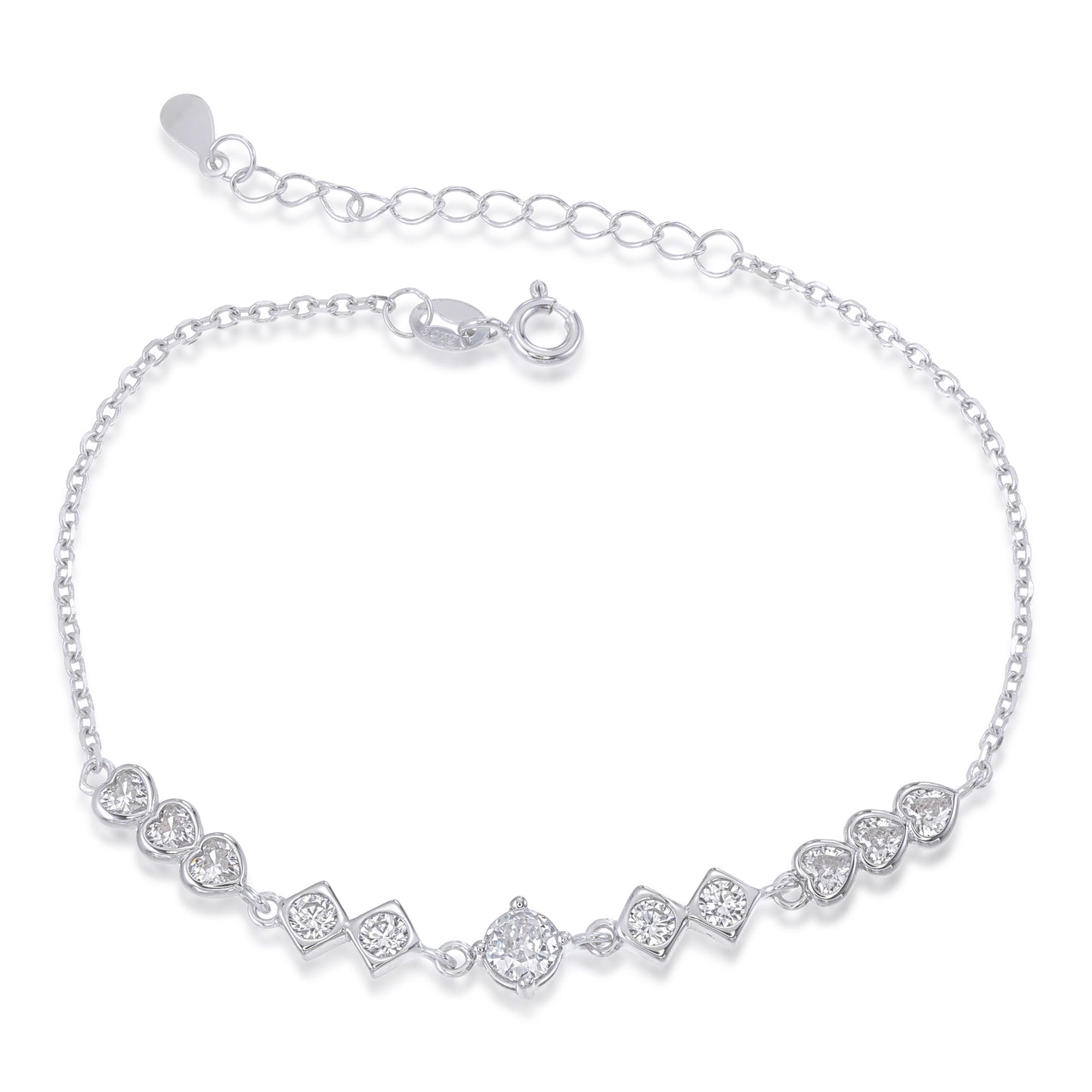 Geometry of Love Bracelet – Sterling Silver Hearts & Center Solitaire Design