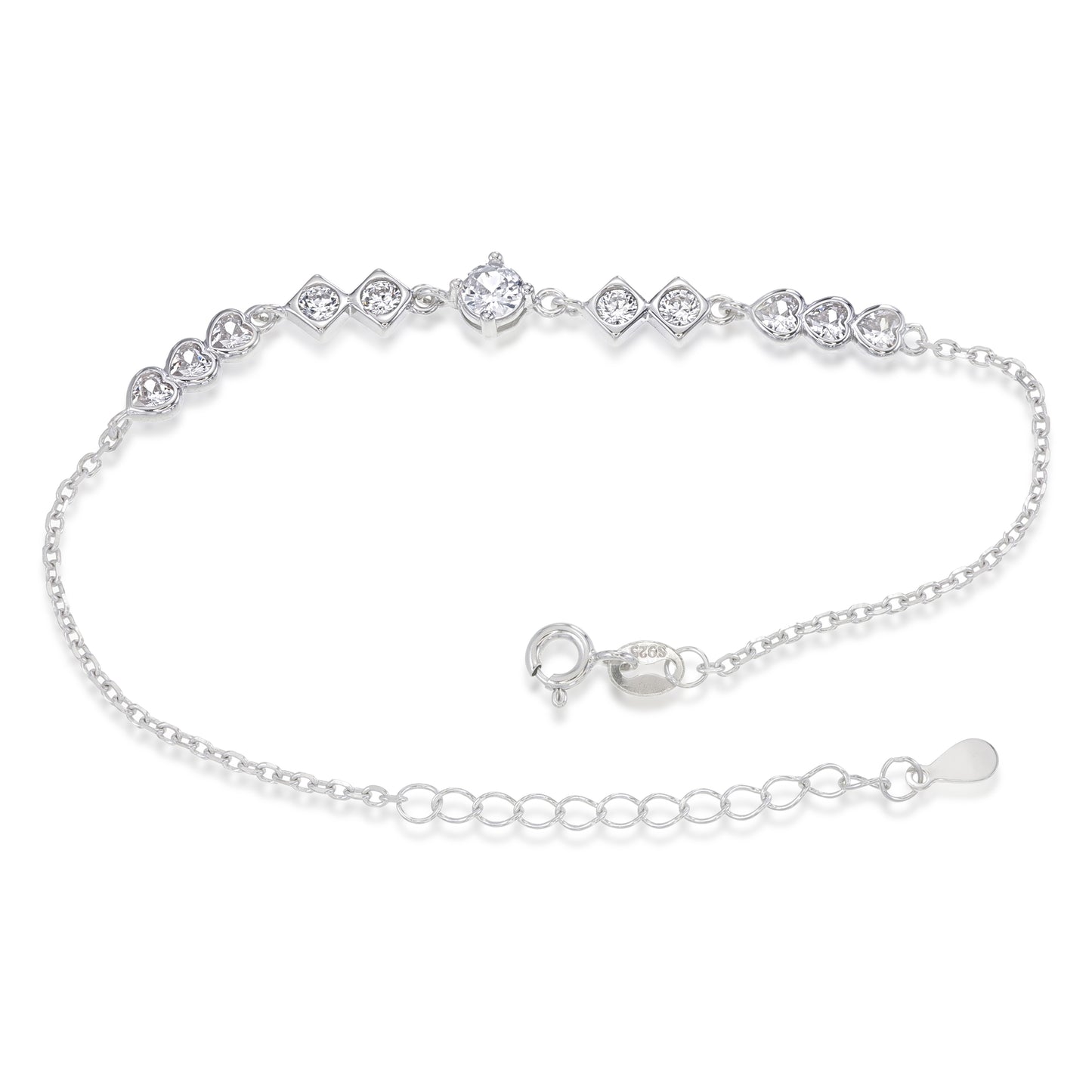 Geometry of Love Bracelet – Sterling Silver Hearts & Center Solitaire Design