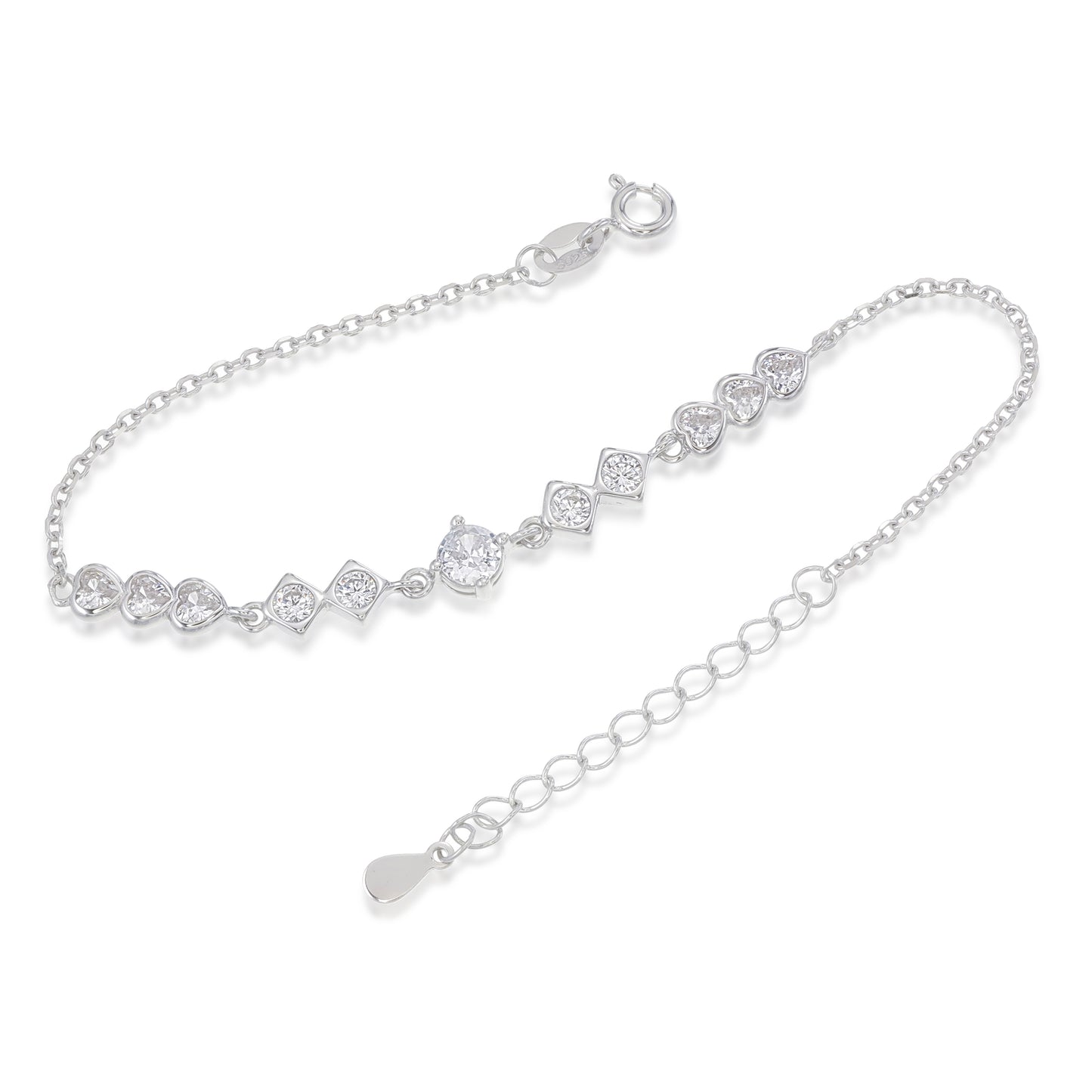 Geometry of Love Bracelet – Sterling Silver Hearts & Center Solitaire Design