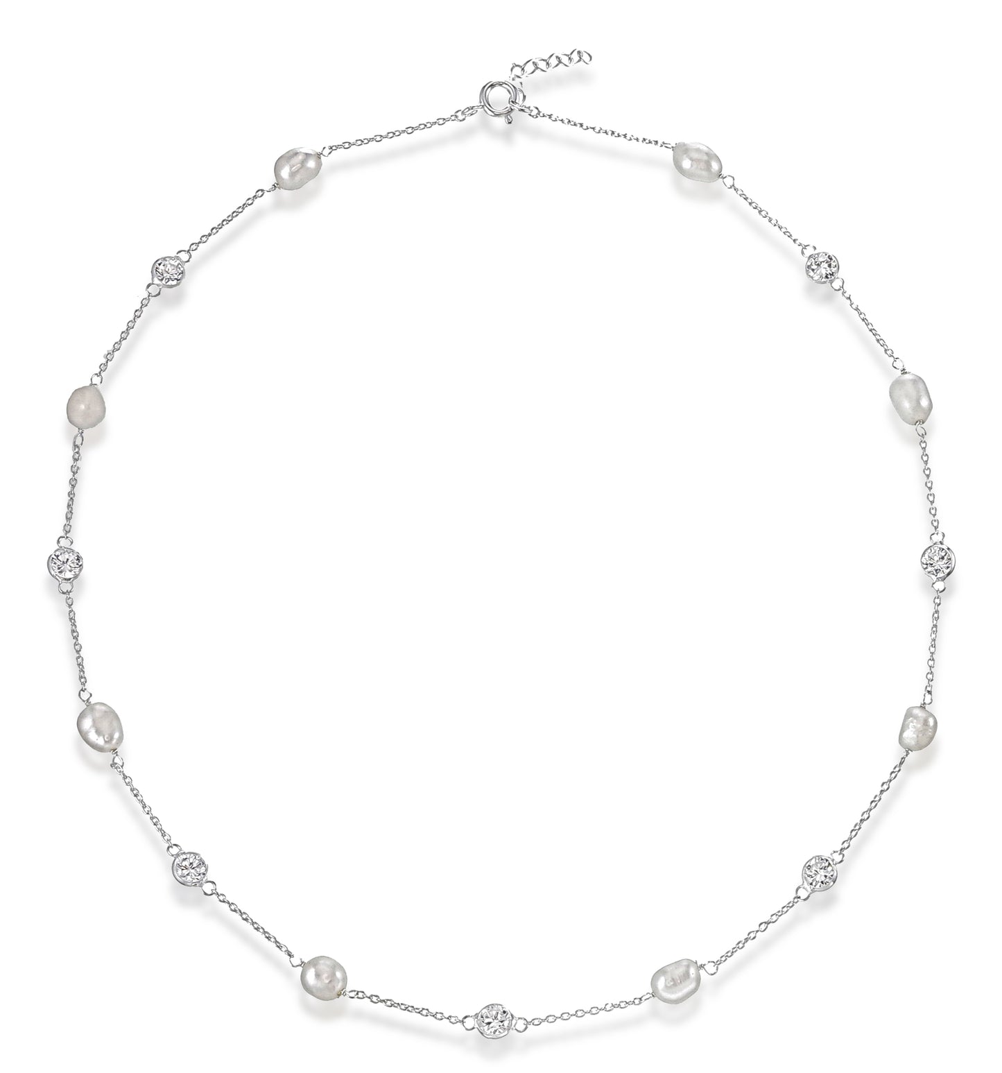 Pearls of Light – Sterling Silver Freshwater Pearls and CZ Chain Necklace