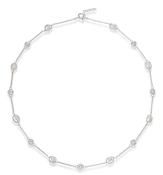 Pearls of Light – Sterling Silver Freshwater Pearls and CZ Chain Necklace