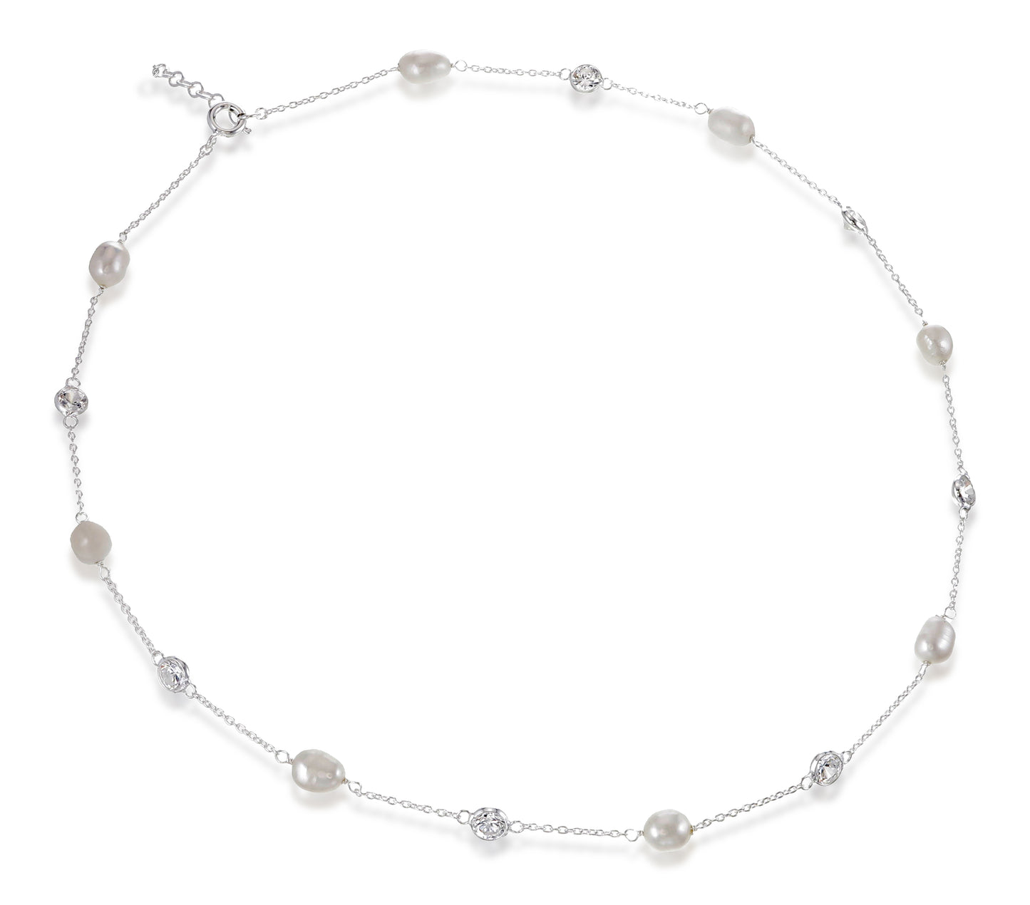 Pearls of Light – Sterling Silver Freshwater Pearls and CZ Chain Necklace